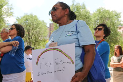 Attendees of the 223rd General Assembly of the Presbyterian Church (U.S.A.) meeting in St. Louis this week gather to protest immigrant child detention.