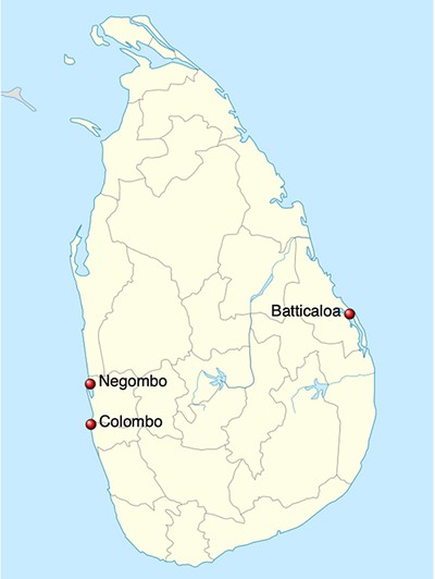 Map of Sri Lanka 2019 attack