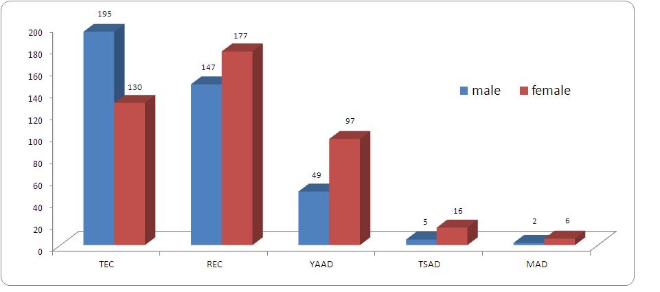 A bar graph with blue bars for male particpants and red bars for females.  The majority of teaching elders are male.  The majority of ruling elder, YAADs, MADs and TSADs are female