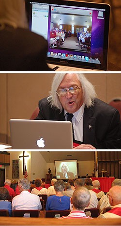 A three-photo collage that of a man seated in front of a laptop, a congregation viewing him on a screen, and the screen of a laptop