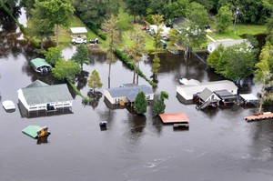 An aerial view taken from a Coast Guard helicopter showing the continuing effects of flooding caused by Hurricane Joaquin in the area of the Black River, in Sumpter County, S.C., Oct. 6, 2015.