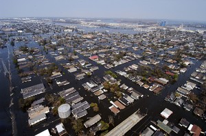 An aerial view of New Orleans showing extensive flooding from the levee breaches.