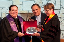 From left to right: Rev. Dr. George Shaker Elyas (Vice President of the Evangelical Church of Egypt and Moderator of the Presbyterian Synod of the Nile), Rev. Refat Fathy Gergis (General Secretary of the Synod of the Nile) and Rev. Dr. Jan Edmiston (Associate Executive Presbyter of the Presbytery of Chicago) at the ordination of Amir Tawadrous and Amgad Megally.