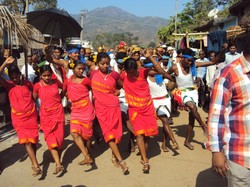 Adivasi dancers lead a procession at a seed ceremony in a village in the state of Andhra Pradesh. Groups from the Chethana network of Joining Hands came together for this agrarian festival.