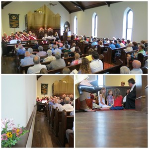 A collage of photos showing the remodeled sanctuary at Pewee Valley Presbyterian Church.