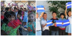 Children at a school run by a PC(USA) mission partner wave flags of welcome to group traveling with Voices from the Border and Beyond. 
