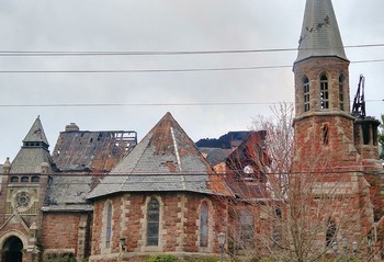 First Presbyterian Church of Englewood, New Jersey sustained extensive damage to its interior, roof and steeple in a March 22, 2016 blaze.