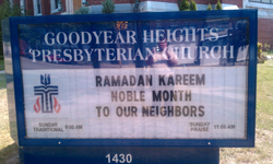 A church sign that says; "Ramadan Kareeem, noble month to our neighbors."