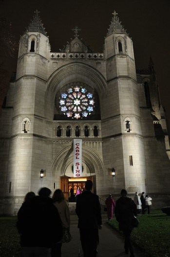 The newly illuminated rose window at Church of the Covenant in Cleveland