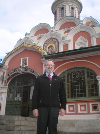 Gary Payton, standing in front of Kazan Cathedral, a Russian Orthodox Chapel  at one corner of Moscow’s Red Square.