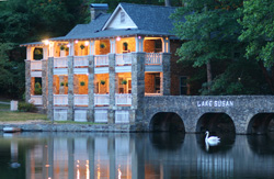 A lakeside view of the Left Bank Building at Montreat Conference Center.