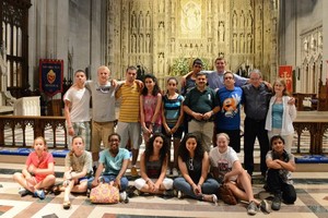 Youth from Grace Presbyterian Church and those from St. Phillip's Episcopal Church in Nablus, Palestine, with which Grace has a partnership, pose in front of the Jerusalem Altar in the Washington National Cathedral.
