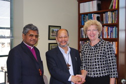 Most Rev. Purely Lyngdoh, moderator of the Church of North India, (center), and the Rt. Rev. Philip P. Marandi, the church’s deputy moderator, spoke with GAMC Executive Director Linda Valentine during a recent visit to the Presbyterian Center.