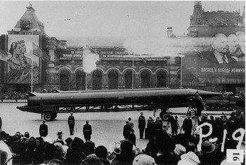 A Soviet theater missile rolls across Red Square in the early 1960s, the same missile introduced in Cuba in October 1962.