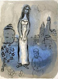 A blue and grey charcoal image of a woman standing in a field with a man below her.