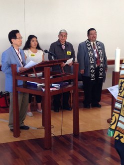 Representatives at the PC(USA) Chapel Native American Day include (left to right) Sun Bai Kim, Madison McKinney (Dakota/Choctaw), Corbett Wheeler (Nez Perce), and the Rev. Irv Porter.