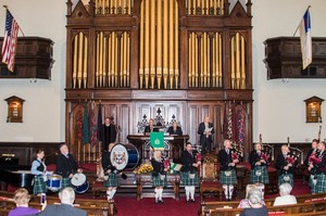 The Cincinnati Caledonian Pipe and Drum Band plays during the processional at Covenant-First Presbyterian Church’s 225-year anniversary service Oct. 18, 2015.