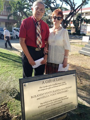 Rolando Venturanza Magdamo, a graduate of Silliman University, and his wife, Helga Vogt Magdamo, donated a Presbyterian Mission Garden and a Carillon music system to the school in honor of the centennial of the Silliman University Church (1906-2016). 
