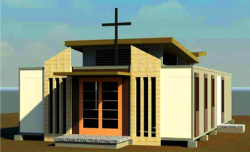 An engineering design depicts what a new church shelter built out of shipping containers will look like in Bohol in the Philippines. 