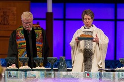 Bishop Katharine Jefferts Schori leads the Great Thanksgiving Prayer at the Ecumenical Service of Worship and Holy Communion at the 221st General Assembly (2014) of the PC(USA)in Detroit, MI, on Wednesday, June 18, 2014.