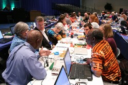 Commissioners and Advisory Delegates broke out into small groups  to discuss Marriage and Middle East Issues to begin plenary VII at the 221st General  Assembly (2014) of the PC(USA) in Detroit, MI on Thursday, June 19, 2014.