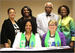 Pictured at the NBPC dinner: (left to right, back row) Arlene Gordon, Rosy Latimore, David Wallace, Sr., Iris Wallace (front row) Co-Moderators Denise Anderson and Jan Edmiston. 