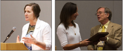 Left: MaryAnn McKibben Dana, recipient of the David Steele Distinguished Writer Award from the Presbyterian Writers Guild. Right: Jeanne Bishop receives the Best First Book Award from John Underwood of the Presbyterian Writers Guild