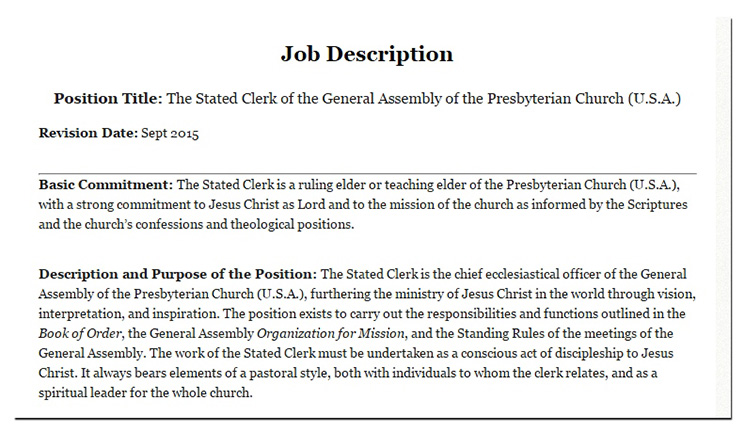 Beginning of Stated Clerk job description, 2016