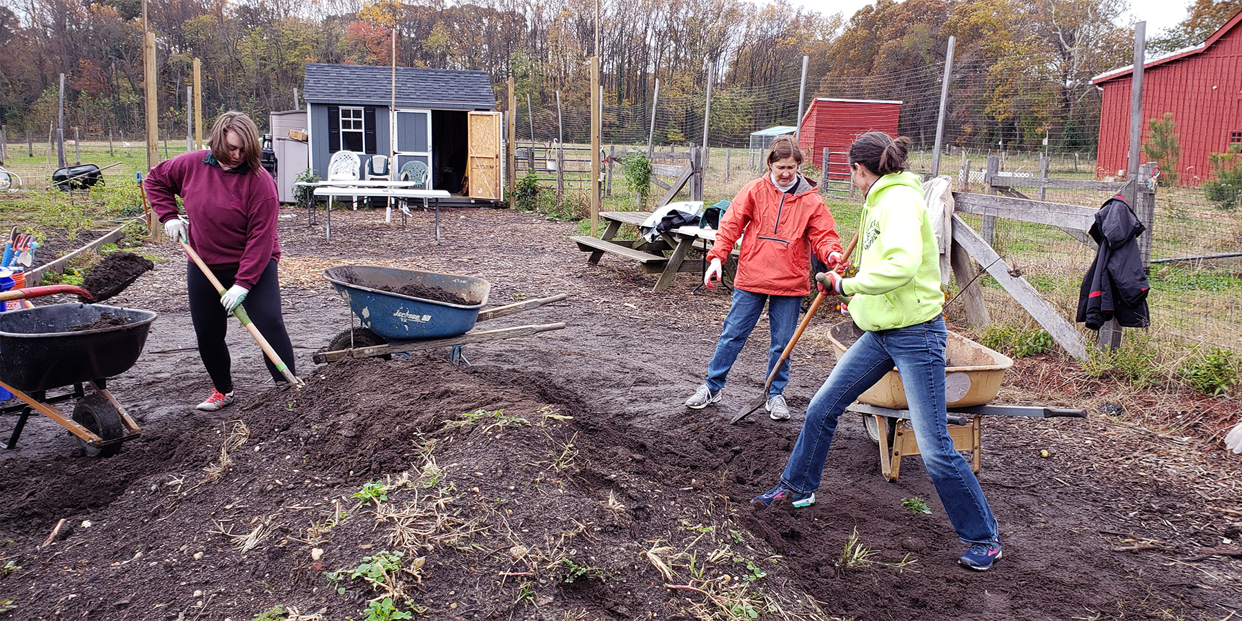  지원자는 정원을 강화하기 위해 퇴비 더미를 만든다. 사진은 Selwyn Avenue 장로교회에서 제공한 것이다.