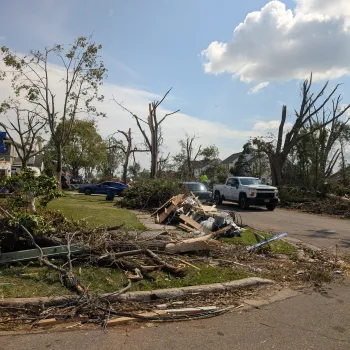 The image shows tornado damage in Wisconsin