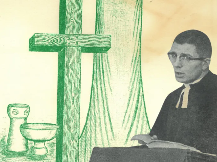 Carl Dudley stands at the right, behind a pulpit, in the middle of speaking. On the left is a green sketched drawing of a cross and a fisherman's net.