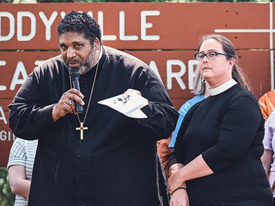 The Rev. Dr. William Barber and Rev. Dr. Liz Theoharis, co-chairs of the Poor People's Campaign: A National Call for Moral Revival, spoke at the Kentucky State Penitentiary in Eddyville, Kentucky as part of the Campaign's Real National Emergency Bus Tour on April 29, 2019. (Rich Copley | Presbyterian News Service)