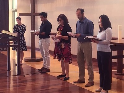 Participants in the chapel service included PC(USA) staff: Amanda Craft, Omar Chan, Mienda Uriarte, Vicente Guna Serrano, and Jihyun Oh.
