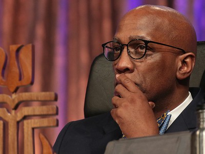 Rev. Dr. J. Herbert Nelson, II, Stated Clerk of the General Assembly listens to plenary discussions at the 223rd General Assembly (2018) on June 16, 2018 in St. Louis.