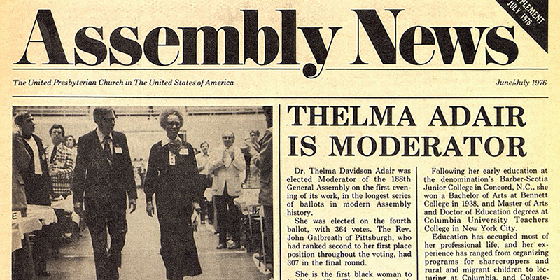 Dr. Thelma Davidson Adair after her election to Moderator of the UPCUSA. Assembly News front page, June/July 1976. From PHS Collections. 
