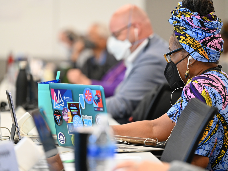 Cheryl Barnes, a Mission Advisory Delegate from Malawi, listens during the Race and Gender Justice Committee meeting on June 23, 2022, during the 225th General Assembly in Louisville, Kentucky. (Photo by Rich Copley)
