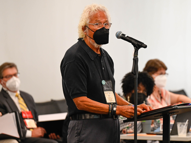 Rev. José Olagues, co-moderator of the Jarvie Commonweal Endowment Reconciliation Team, delivers report to the Financial Resources Committee on June 30, 2022 at the 225th General Assembly of the Presbyterian Church (U.S.A.) in Louisville, Kentucky. (Photo by Rich Copley) 