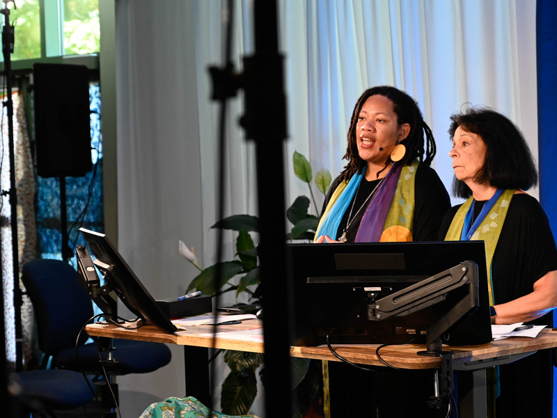 The Rev. Shavon Starling-Louis and The Rev. Ruth Santana Grace moderate the fourth plenary of the 225th General Assembly of the Presbyterian Church (U.S.A.) on July 5, 2022, at the Presbyterian Center in Louisville, Kentucky. (Photo by Rich Copley) 