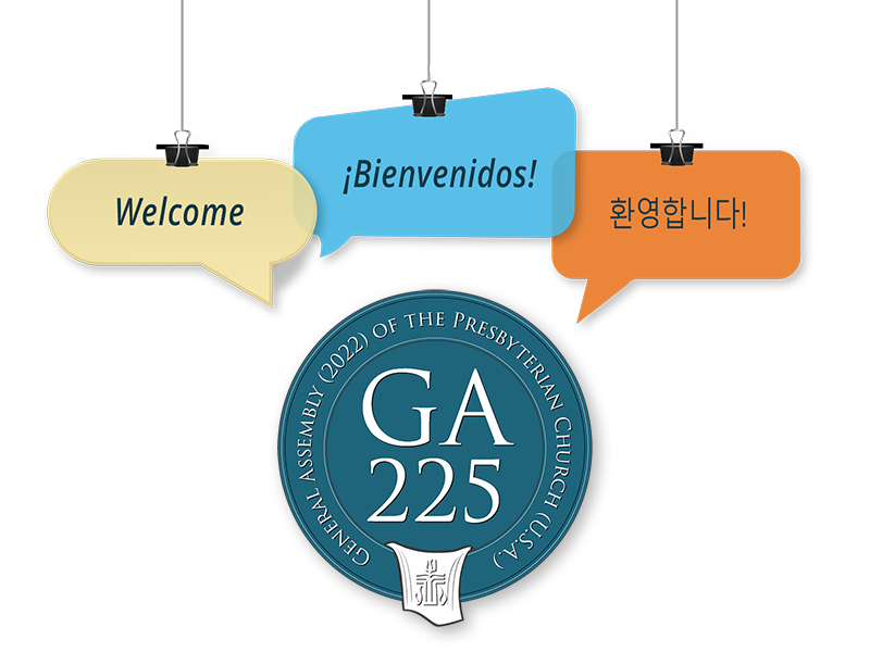 GA225 logo with Welcome in different languages. 