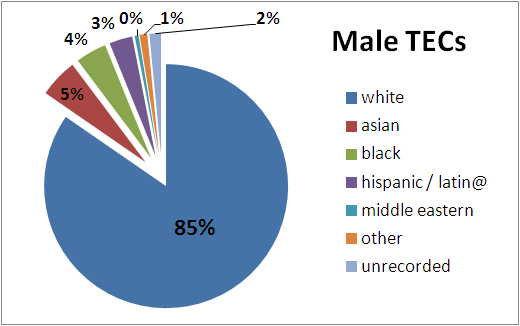 A pie chart depicting the Male teaching Elder Commissioners by Race.  Dominated by a large blue piece designating 85% of the male TECs are white; 5% Asian (red), 4% Black (green), 3% Hispanic/Laino (purple), 0.5% Middle Eastern (turquoise), 1% Other (orange) and 2% unrecorded (grey/blue).