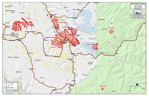 A map showing the Clearwater Complex of fires that includes the areas surrounding Kamiah and Kooskia, Idaho, on the Nez Perce reservation.