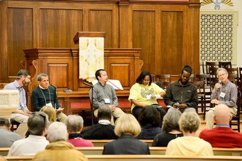 Open panel discussion at New York Avenue Presbyterian Church entitled “Diverse Voices: Collective Power.” Left to Right: Hunter Farrell, with World Mission, Conrado Oliviera, Danny Cendejas, Doreen Hicks, Blain Snipstal and Andrew Kang Bartlett with the Presbyterian Hunger Program.