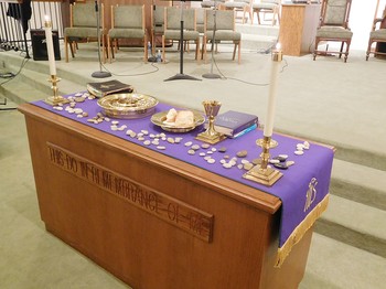 Communion table adorned for Lent at First Presbyterian Church in Jacksonville, Arkansas. 