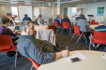 Participants offer feedback during a churchwide listening session with Heath Radaat Auburn Theological Seminary in New York City.