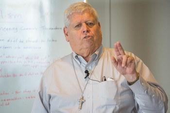Heath Rada speaks during a churchwide listening session at Auburn Theological Seminary in New York City.