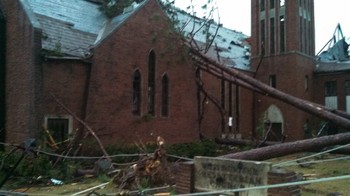 A tornado Feb. 10 damaged Westminster Presbyterian Church in Hattiesburg, MS, including the south side and lawn.
