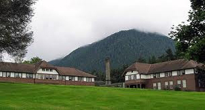View of the Sheldon Jackson College campus near mountains