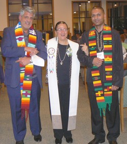 The Revs. David Maghakian, left, and Risley Prakasim, right, issued the charge to Ruling Elder Elona Street-Stewart, center, who became the first American Indian to be installed as a synod executive in the PC(USA).