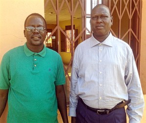 The Rev. Peter Yen Reith, left, and the Rev. Yat Michael of the South Sudan Presbyterian Evangelical Church (SSPEC) arrive in Juba for a service of thanksgiving upon release from nearly eight months in Sudanese prisons.
