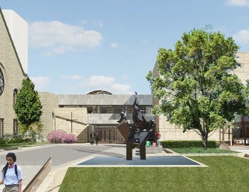 Architect’s rendering of the transition space between the existing sanctuary (left) and new spaces created by the ‘Open Doors Open Futures’ project at Westminster Presbyterian Church in Minneapolis.